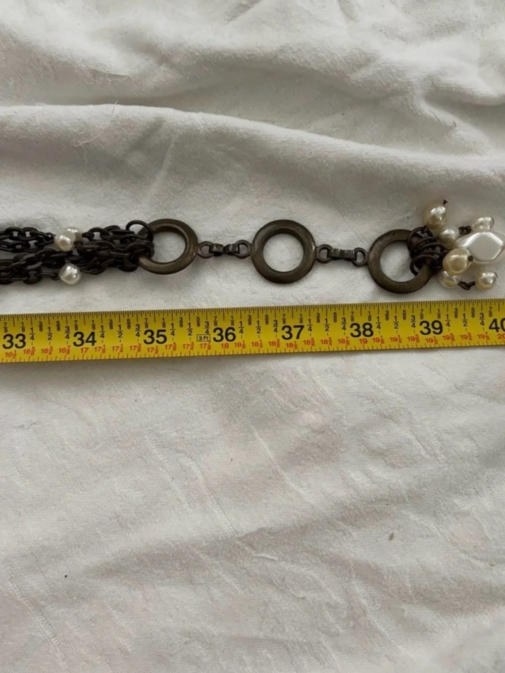 Vintage-Inspired Pearl Charm Chain Belt in Antique Brass